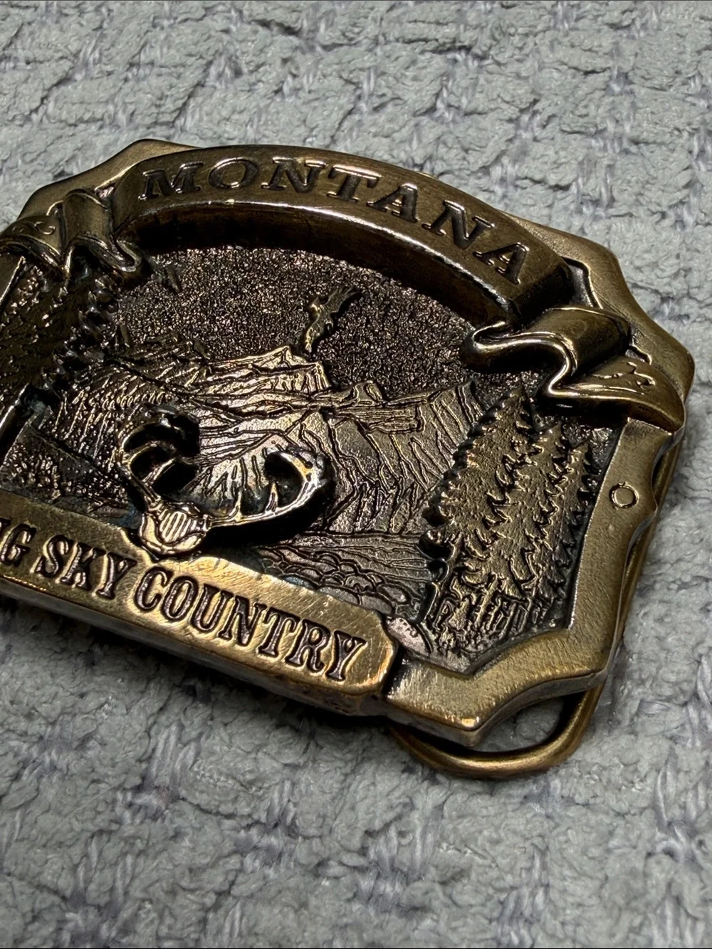 Solid Brass Big Sky Country MONTANA Antlers Eagle Mountains Belt Buckle Vintage